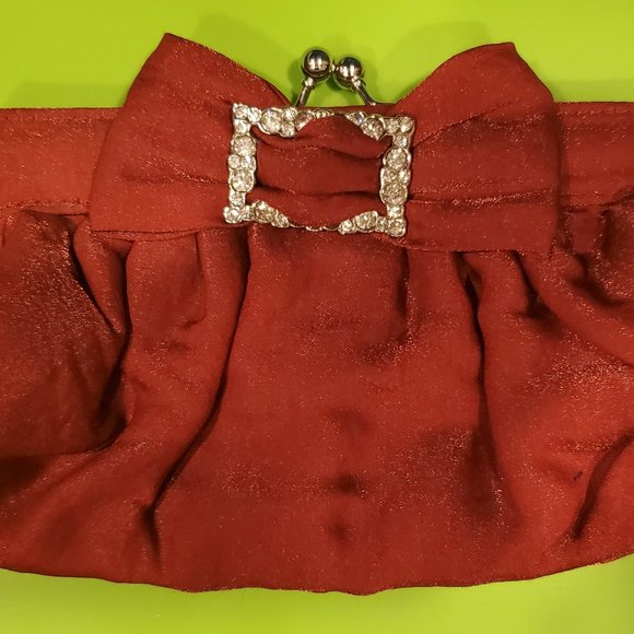 3 for $50 * Y2K Red Evening Clutch Rhinestone Buckle Silver Chain Poufy Organza - Picture 2 of 4